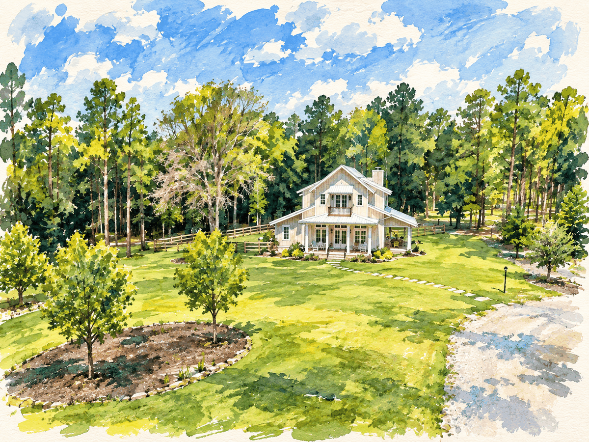 Watercolor of Riverhouse Create seen from above: the house with its porches, a wide green lawn, young trees and pines behind it