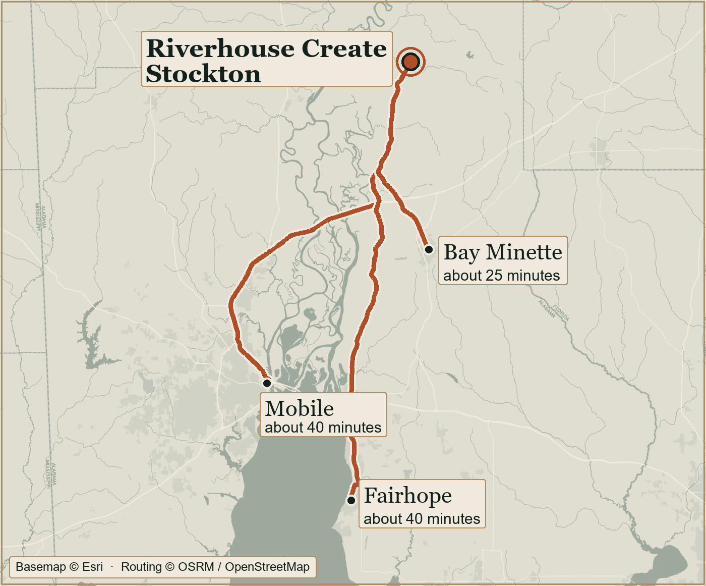 Map of the drive to Riverhouse Create at Stockton, with the roads in from Mobile, Fairhope and Bay Minette marked