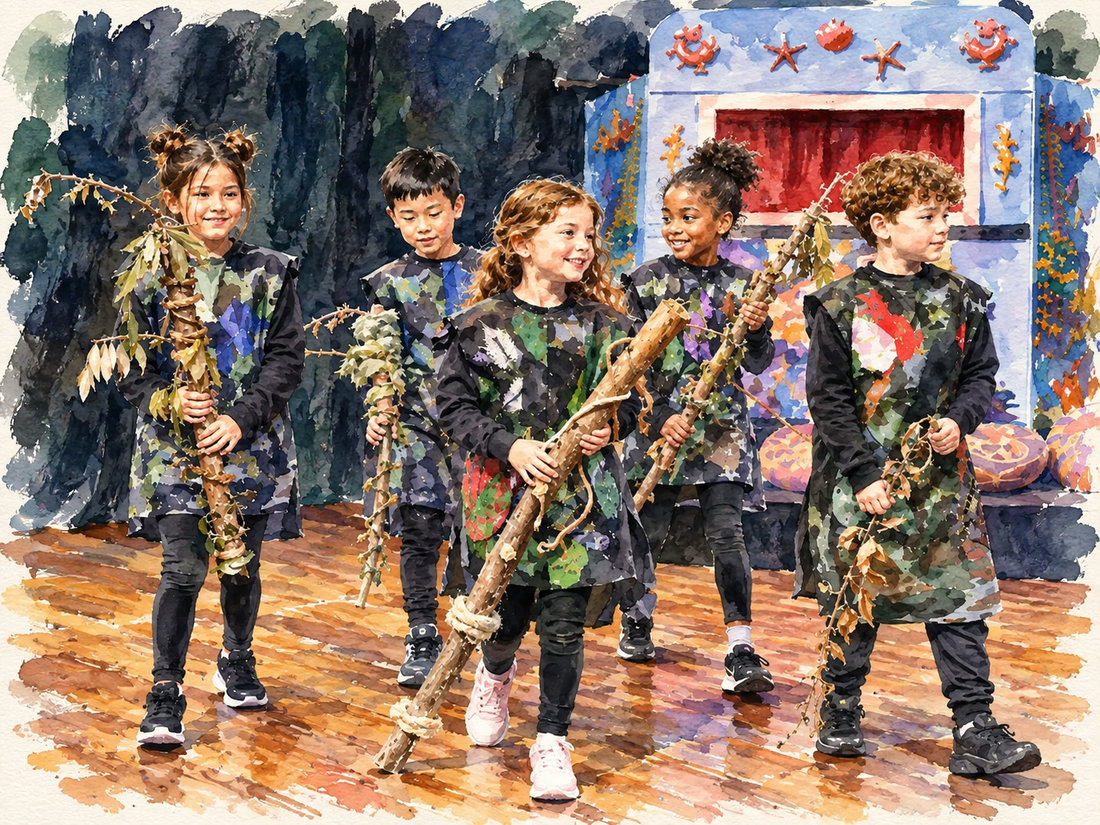 Watercolor of a Folktales Theatre Co. performance at Riverhouse Create