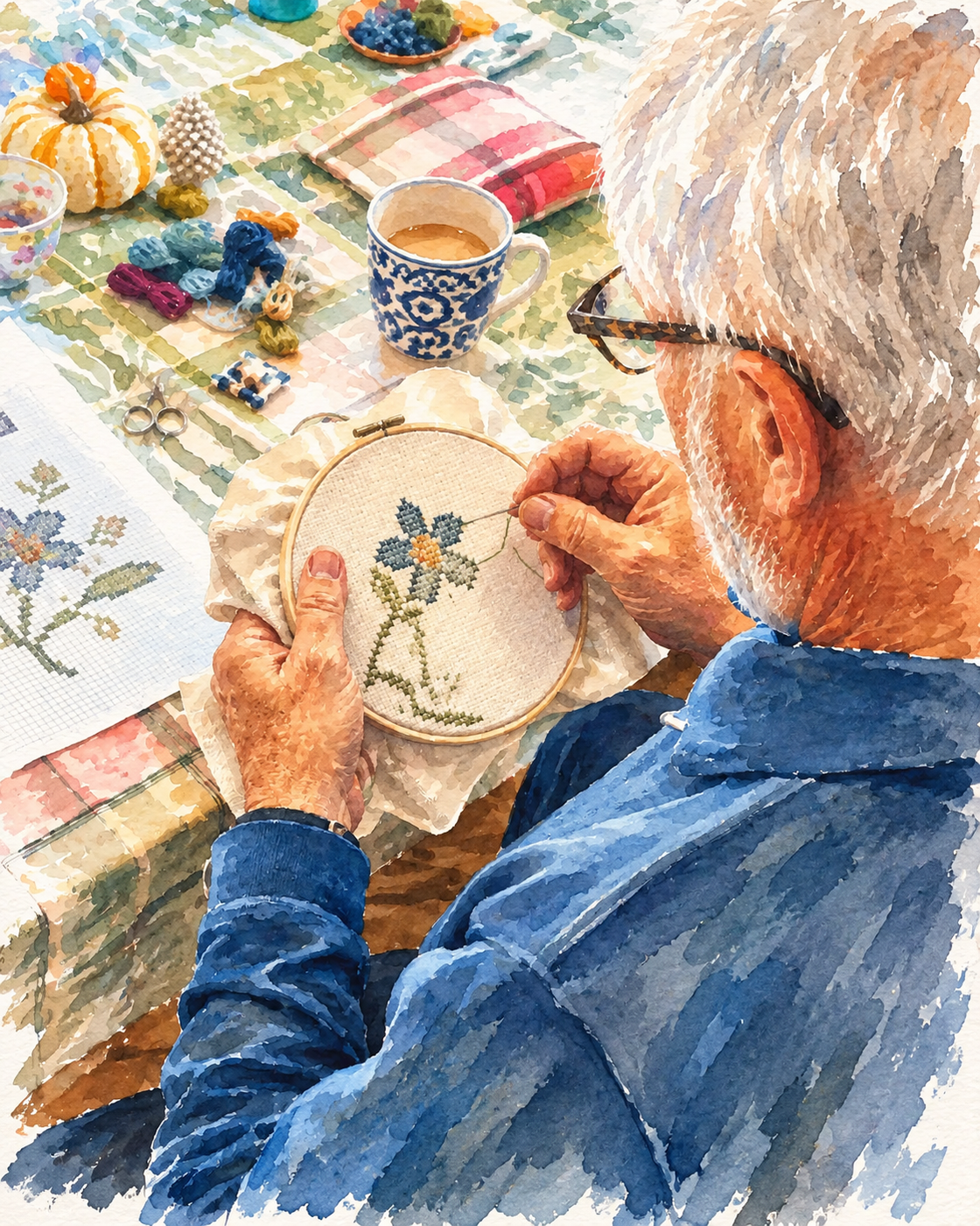 Watercolor of the needlework table at Riverhouse Create