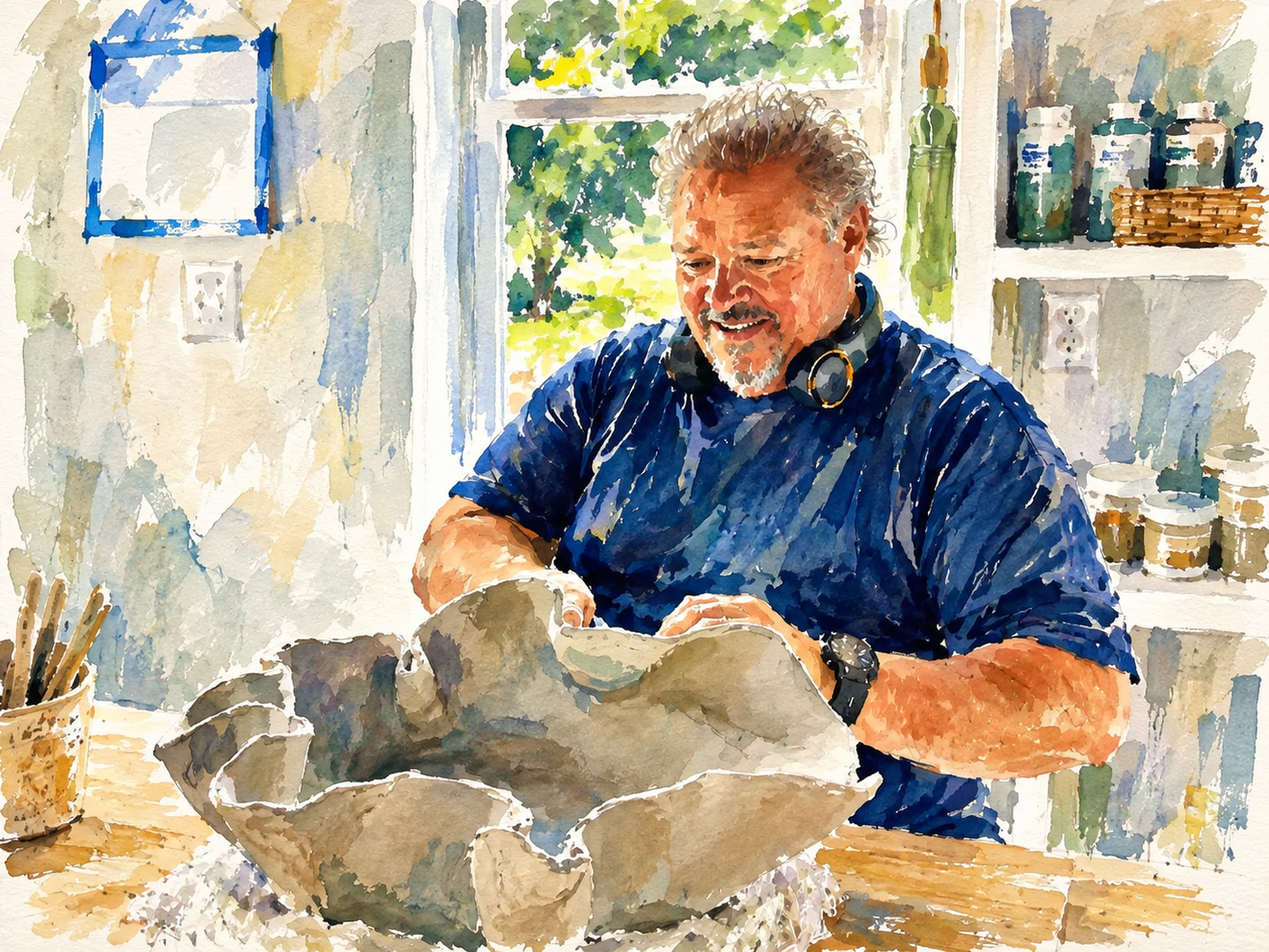 Watercolor of the pottery studio at Riverhouse Create