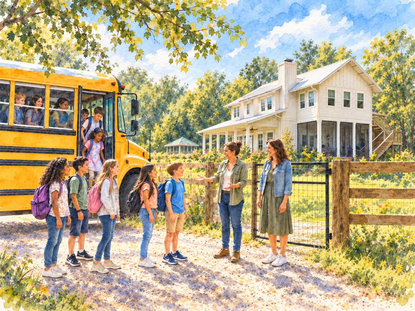 Watercolor painting of a school bus at Riverhouse, children stepping down and two teachers meeting them at the gate