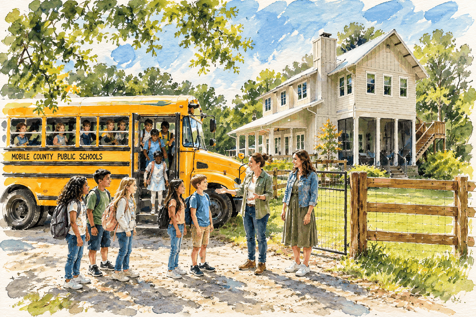 Watercolor painting of a school bus at Riverhouse, children stepping down and two teachers meeting them at the gate