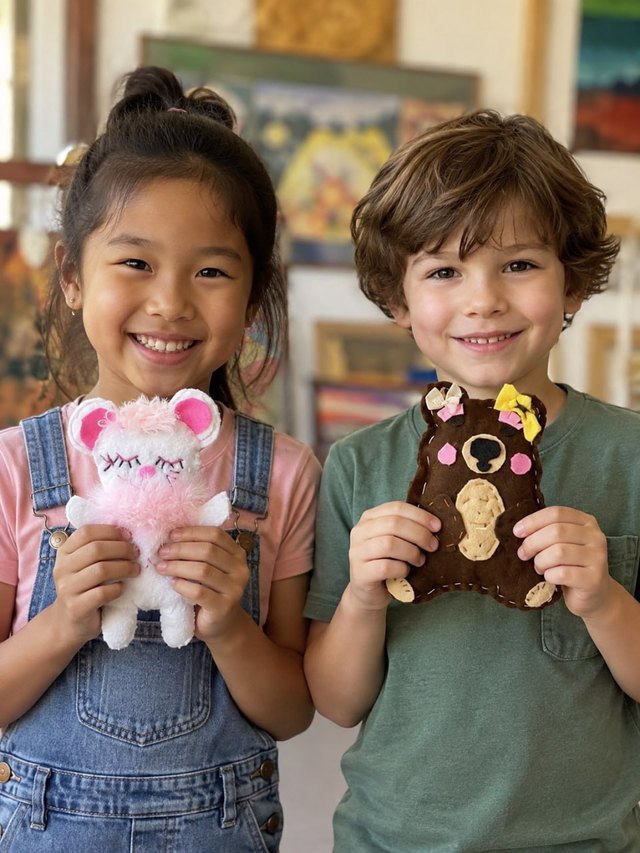 Two children holding the stitched toys they made.