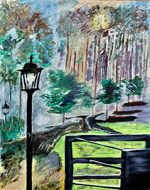 A student painting of the garden gate and the lamp post, with the trees behind.