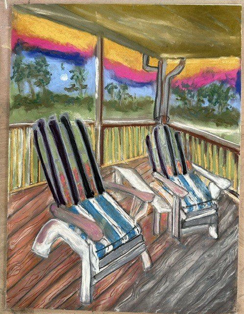 A student pastel of two striped chairs on the porch at sundown.