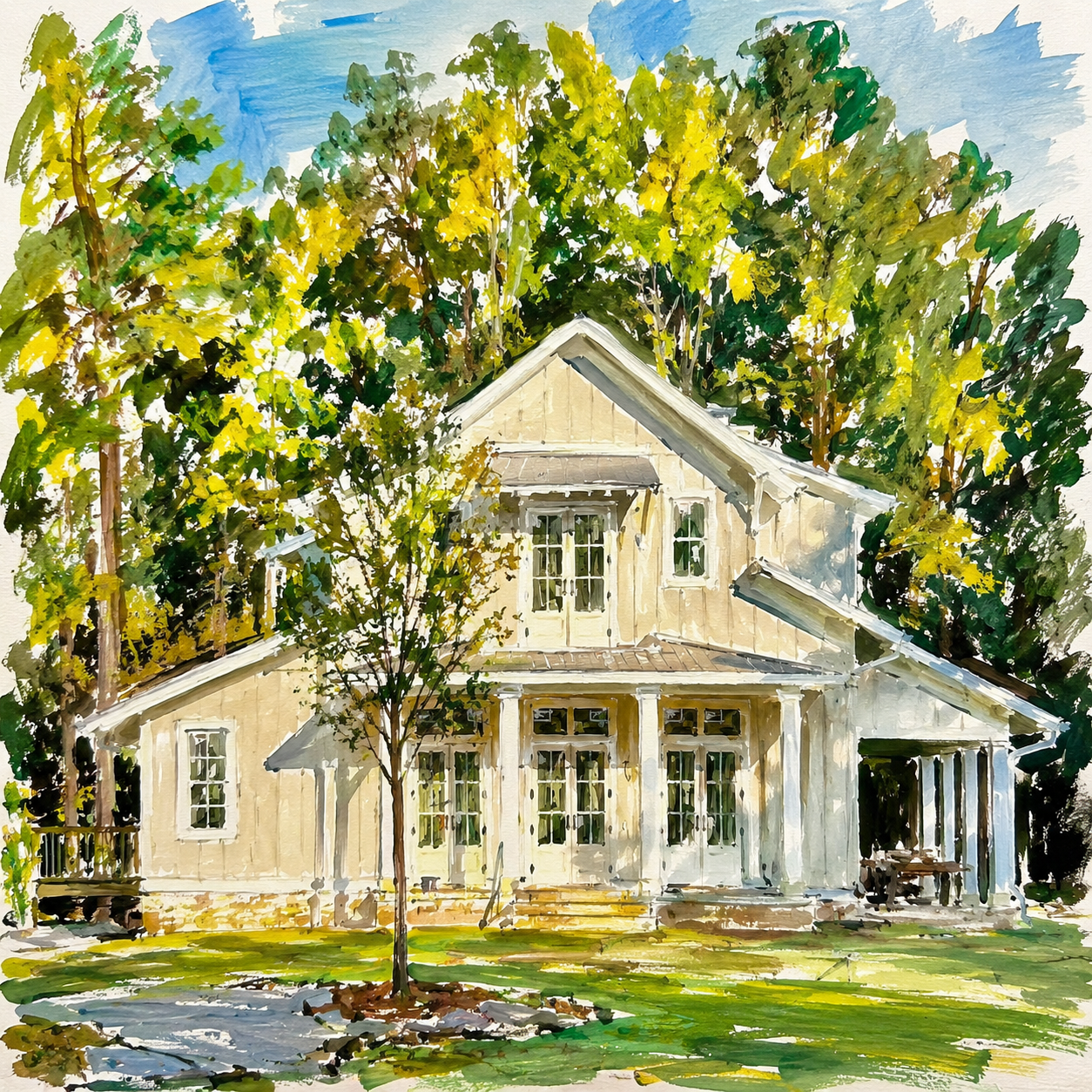 Watercolor painting of the Riverhouse, a pale two-story house under tall trees
