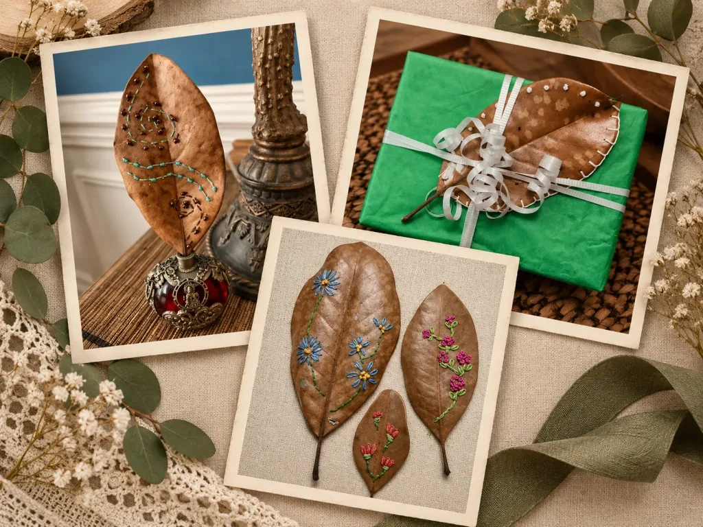 Three dried magnolia leaves embroidered with flowers, one stitched leaf tied onto a green gift, and a beaded leaf standing in a small red bottle