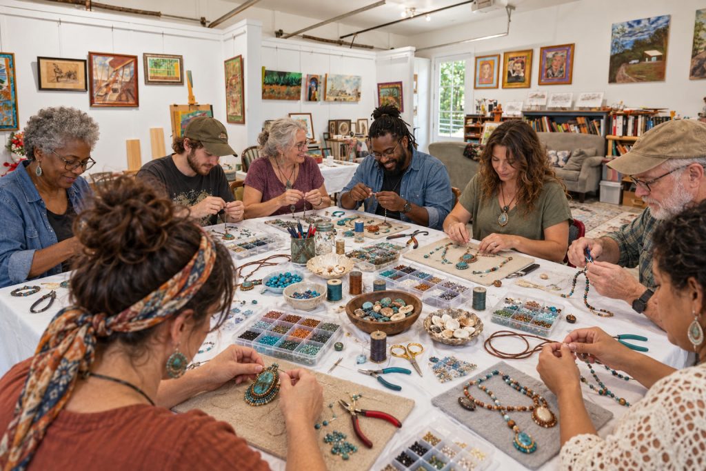 A group gathered around a table making beaded jewelry at Riverhouse Create.