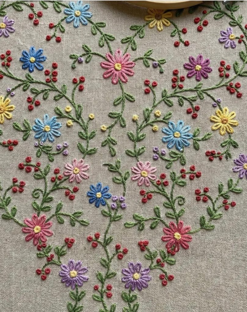 Hand-embroidered flowers in pink, blue, yellow and lavender with green vines, on natural linen.