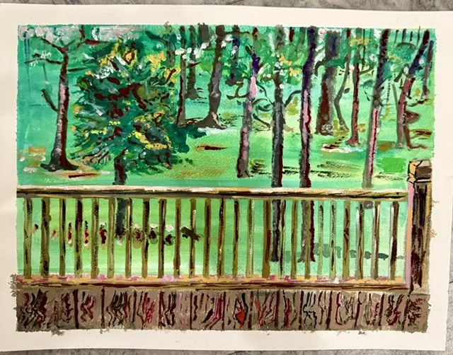 A watercolor of a porch and trees along the river