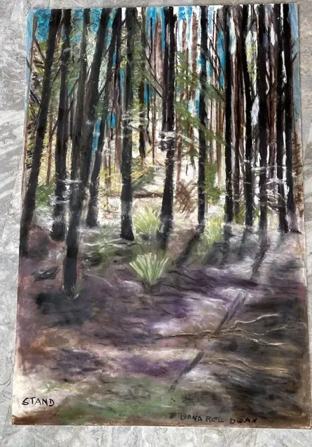 A painting of dark tree trunks in a shadowed forest