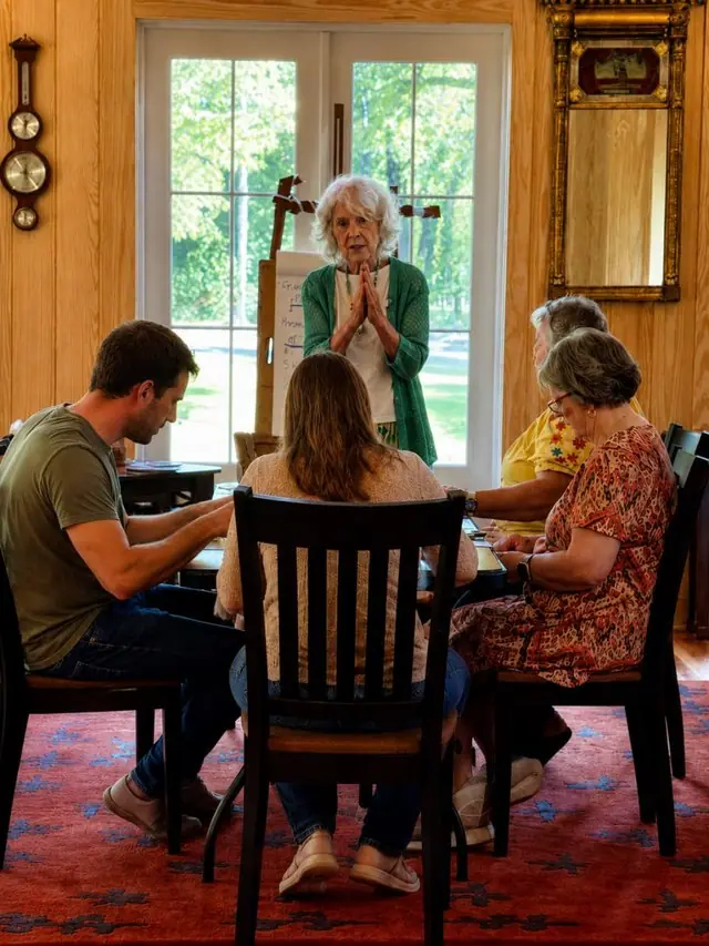 A teacher speaks with hands folded to a seated group
