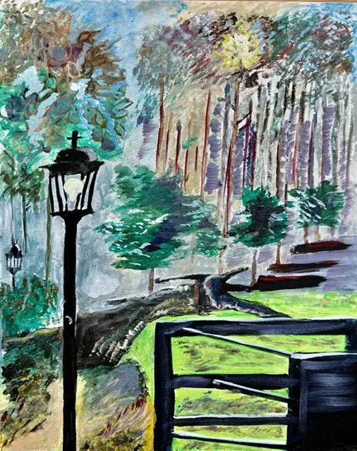 A painting of a lamppost on a wooded garden path
