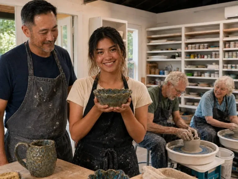 A group poses with pottery in a bright ceramics studio
