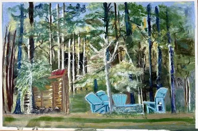A watercolor of a cabin in the woods with two blue lawn chairs