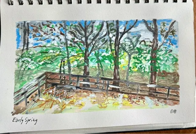 A watercolor sketch titled Early Spring of a deck among trees, in a sketchbook