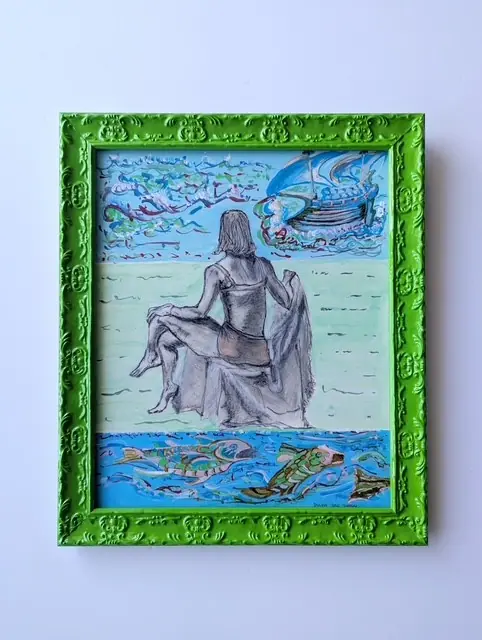 A mixed-media painting of a woman watching a ship at sea, framed in green