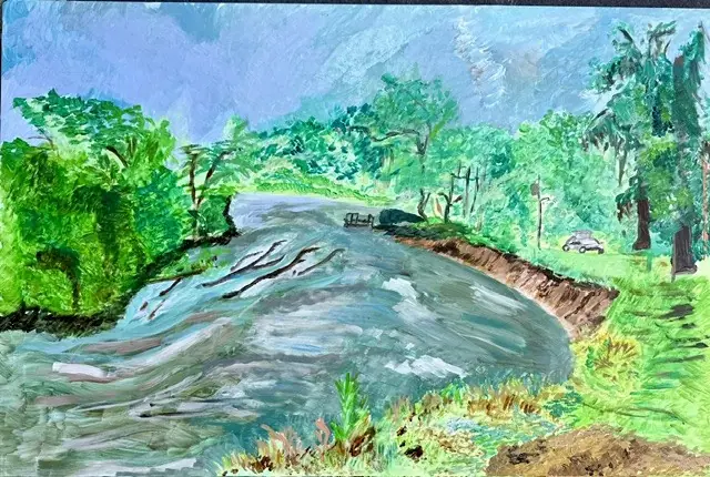 A painting of a winding river through green trees
