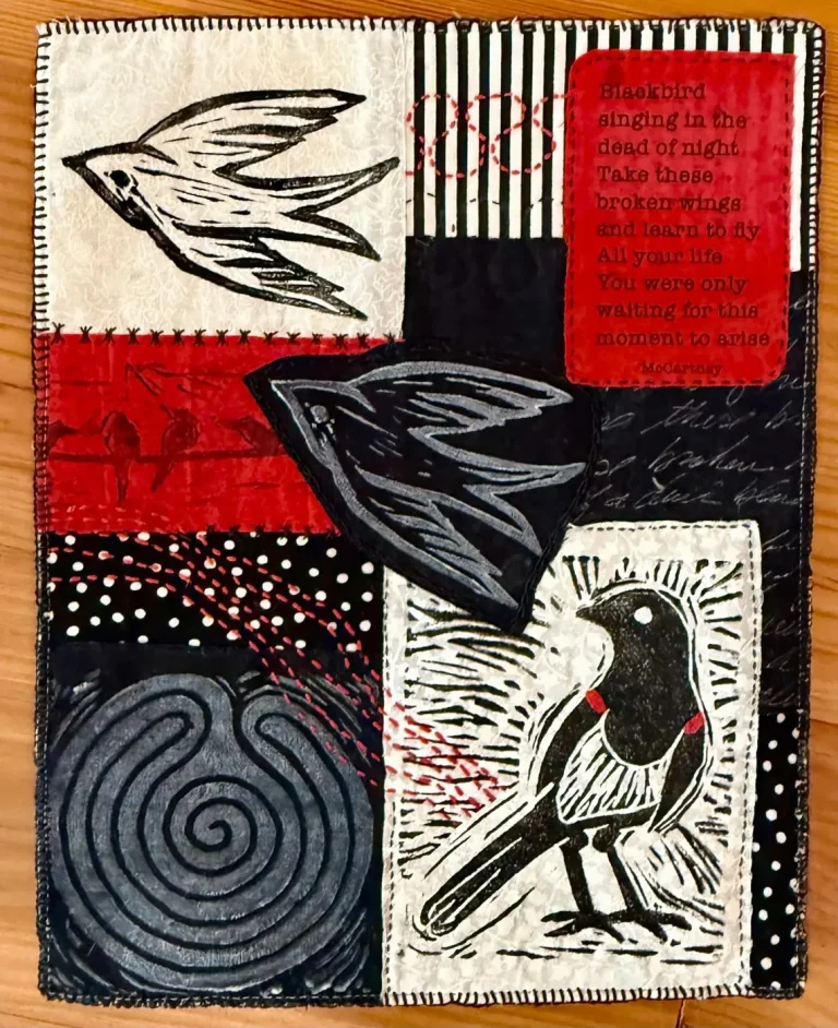 A mixed-media linocut collage of birds with red patterned panels