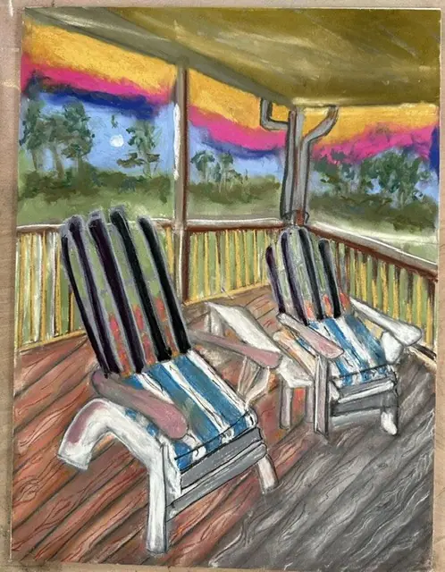 A pastel painting of two striped chairs on a porch at sunset