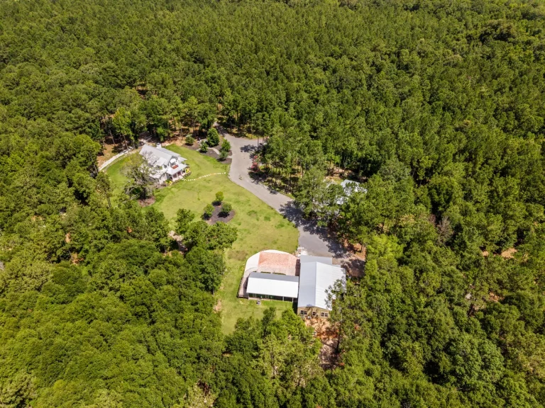 An aerial view of the studio buildings surrounded by forest