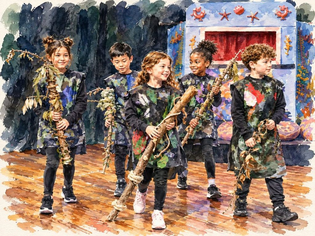 Watercolor illustration of five Folktales performers carrying branches on stage.