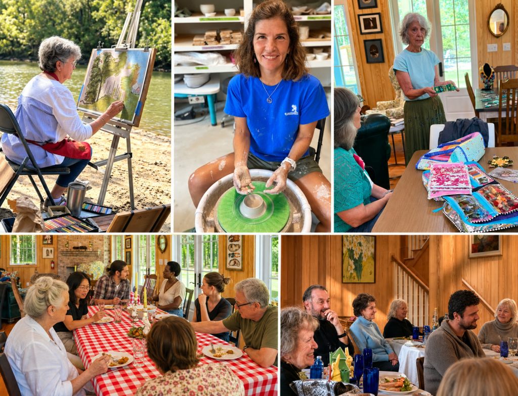 A collage of artists painting, making pottery and needlework, and gathering around tables at Riverhouse Create.