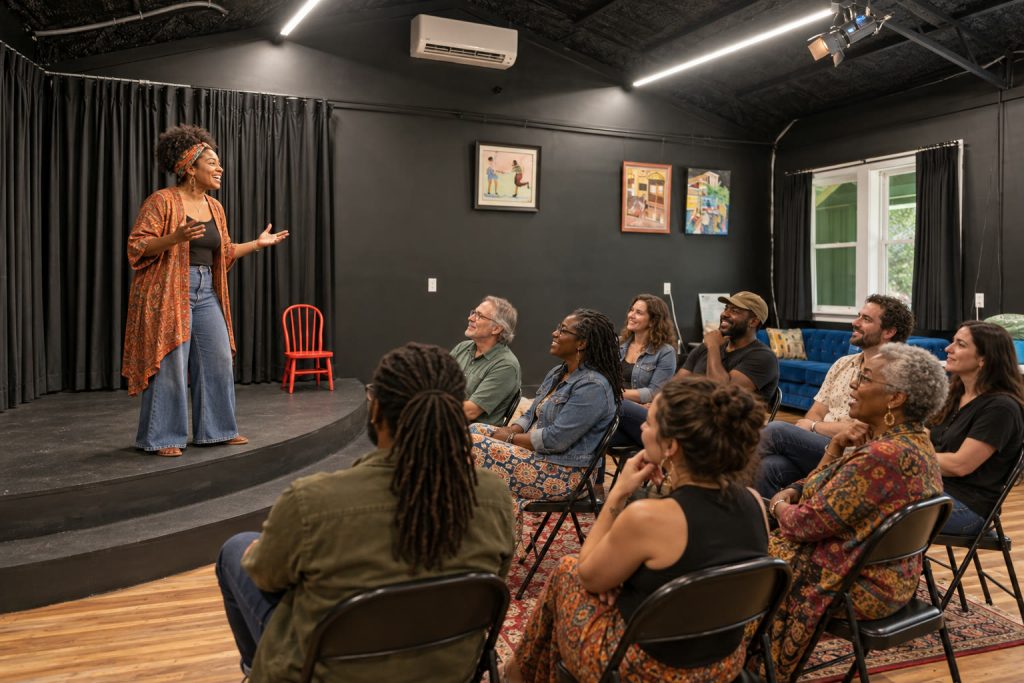 A storyteller speaking to a seated audience in an intimate theater.