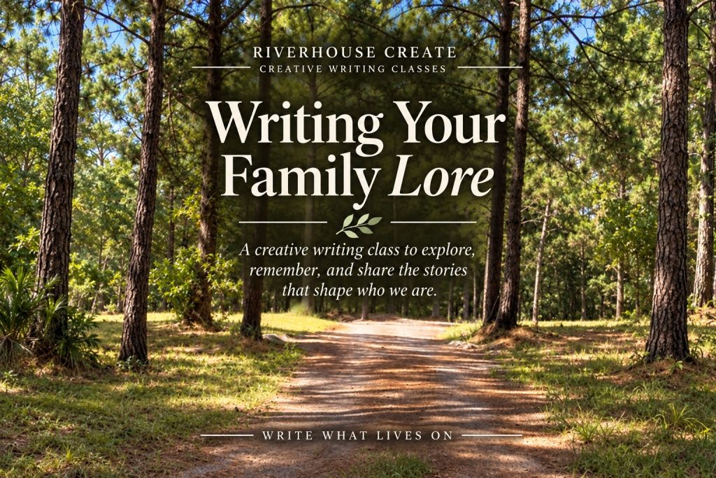 Writing Your Family Lore: a creative writing class at Riverhouse Create, shown over a shaded path through tall pines